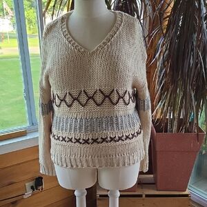 Elegant Cream and Brown V-Neck Sweater with Artisanal Patterns